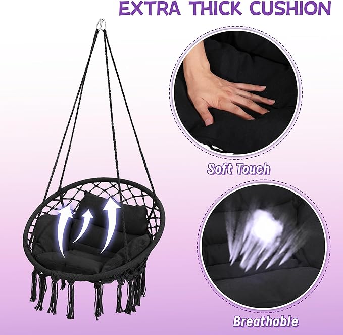 Macrame Hammock Hanging Swinging Chair with Medium Cushion, Perfect for Bedroom, Porch, Adults, Balcony, Black