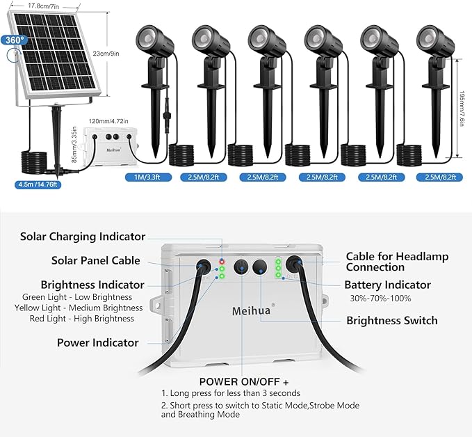 MEIHUA Solar Spot Lights Outdoor, 6 in 1 Solar Landscape Spotlights 2700K Warm White, 3 Lighting Modes & 3 Brightness, IP66 Waterproof Spotlights Outdoor Garden for Pathway Driveway Yard Tree