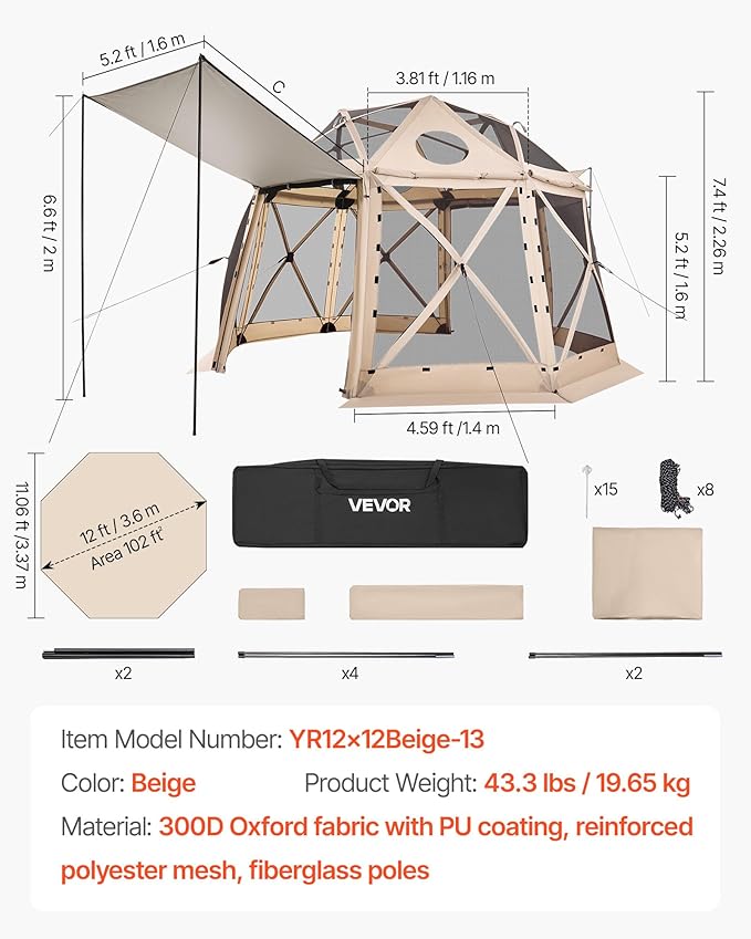 VEVOR Pop up Gazebo Screen Tent, 12 x 12 ft, 13-Sided Spherical Camping Canopy Tent with Removable Top & Carry Bag, Quick-Set & Bite-Proof, Screen House Sun Shelter for 8-10 Persons, Beige