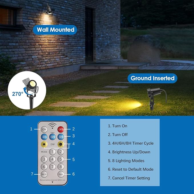 ALOVECO Solar Spot Lights Outdoor 4-in-1 Solar Powered Spotlights IP65 Waterproof with Remote 29.5ft Cable Auto On/Off 8 Modes Solar Uplights Outdoor for Garden Yard Landscape Tree 2700K Warm White