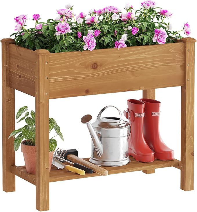 FILWH Raised Garden Bed with Legs Elevated Wooden Planter Box Stand Large Planter Stand Box for Fruits Vegetables Flowers with Divider with Bag - 34x18x30.5IN（Brown）