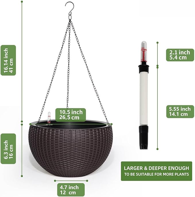 Dexceder 10.5 Inch Large Self Watering Hanging Planters Indoor Outdoor, Thickened Hanging Basket Flower Plant Pot with Water Level Indicator (Brown)