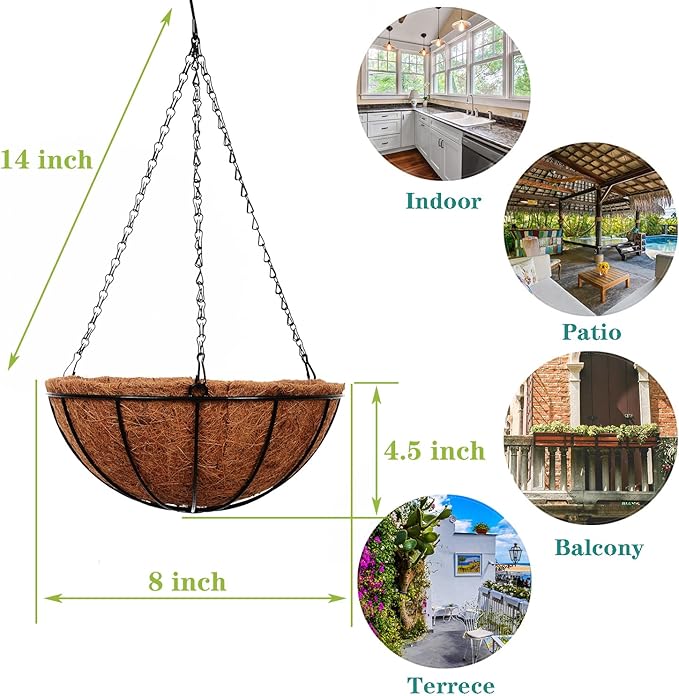 Hanging Baskets for Plants Outdoor(8 inch 4 Pack)- Coconut Coir Hanging Planters Outdoor, Metal Wire Baskets with Coco Liner, Hanging Pots for Plants Indoor, Flower Pots for Railings