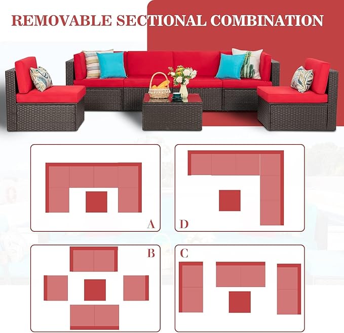 Vongrasig 7 Pieces Patio Furniture Sets, Outdoor All-Weather Wicker Patio Conversation Sets, L-Shaped Rattan Sectional Patio Sofa with Glass Table for Backyard, Red