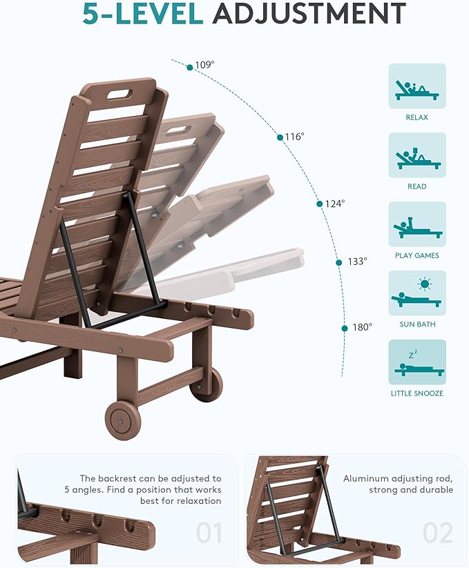 SERWALL Patio Chaise Lounge Set of 4, HDPE Outdoor Lounge Chair with Cup Holder, 5 Positions Adjustable Poly Lounger with Rolling Wheels for Poolside, Deck, Sunbathing, Brown