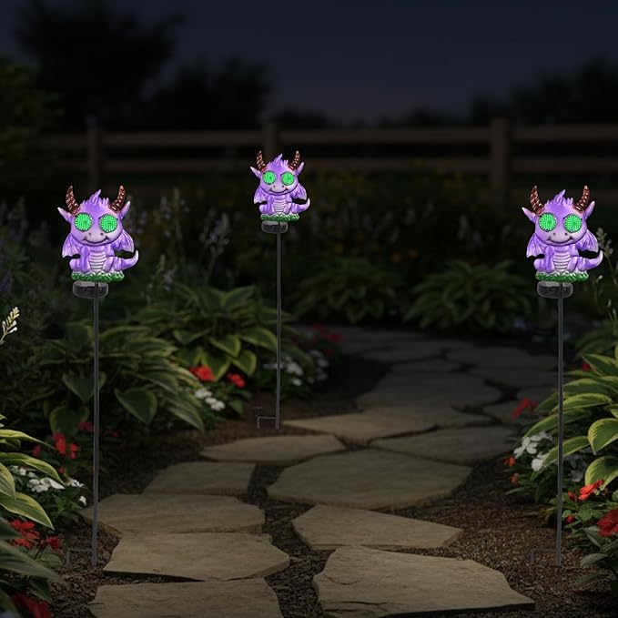 Fantasy Dragon Garden Stakes Decorative 39.7" with Moving Solar Eyeballs, Purple Dragon Garden Decor Pathway Lights for Outside Patio Lawn Yard Metal Art