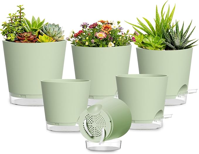 Plant Pots 4/5/5.5/6/6.5/7 Inch Self Watering Pots, 6 Pack Plastic Planters with Drainage Holes and Clear Saucers,Plastic Flower Pots,Nursery Planting Pot for Indoor Out Door Plants (Green)