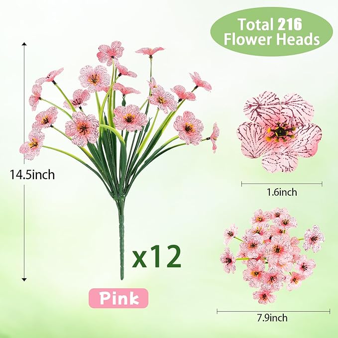 MACTING 12 Bundles Artificial Flowers for Outdoors Fake Flowers UV Resistant Faux Plastic Plants No Fade for Hanging Planters Window Patio Porch Garden Home Indoor Outdoor Spring Decorations,Pink