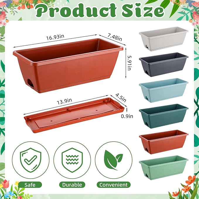 12 Pack Window Box Planter 17 Inches Rectangular Vegetable Flower Planters with Drainage Holes and Saucers Plastic Flower Pots Coloful Herb Planter for Indoor Outdoor Patio Garden Home Decor