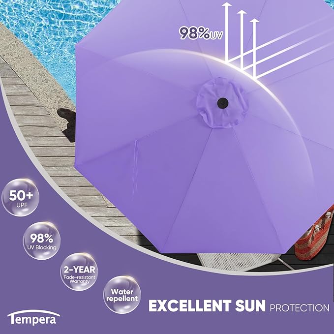 Tempera Patio Market Outdoor Table Umbrella with Auto Tilt and Crank, Large Sun Umbrella with Sturdy Pole & Fade Resistant Canopy, Easy to Set