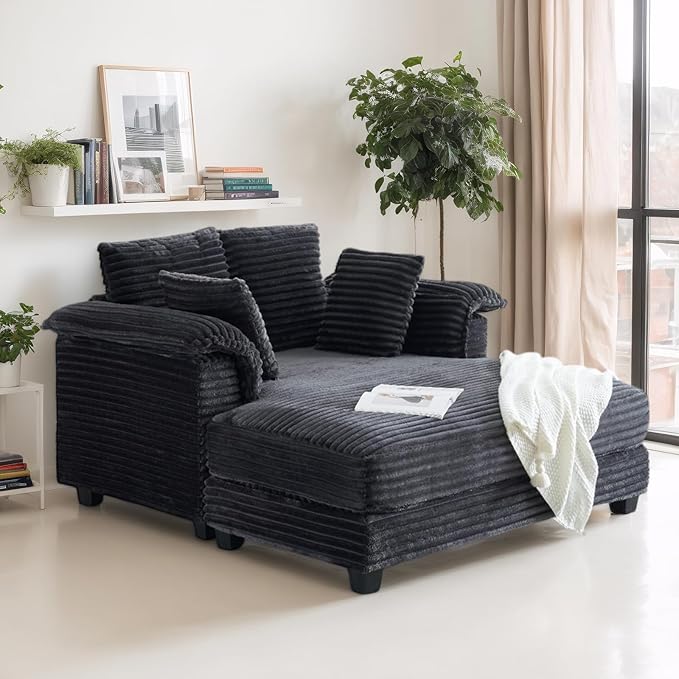 VINGLI 56" Oversized Chaise Lounge Chair, Dark Grey Comfy Corduroy Chaise Sofa Recliner Bed Upholstered Sleeper Couch Bed with Throw Pillows and Armrests for Living Room, Movie Room, Bedroom