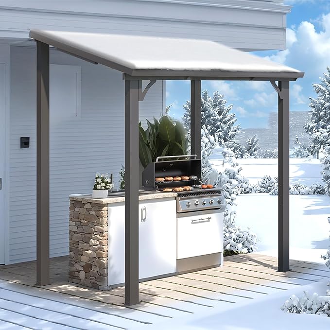AECOJOY 8' x 5' Hardtop Grill Gazebo Outdoor Pergola, Small Heavy Duty Lean to Metal Pergolas and Gazebos Clearance, Wall-Mounted Grill Gazebo Galvanized Steel Patio Roof Awnings for Patio, Decks
