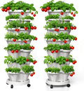 7 Tiered Strawberry Planters 2 Pack, Vertical Stackable Planter, Herb Stacking Tower Garden, Flower and Vegetable Planters with Support Pole Indoor & Outdoor with Removable Wheels - White
