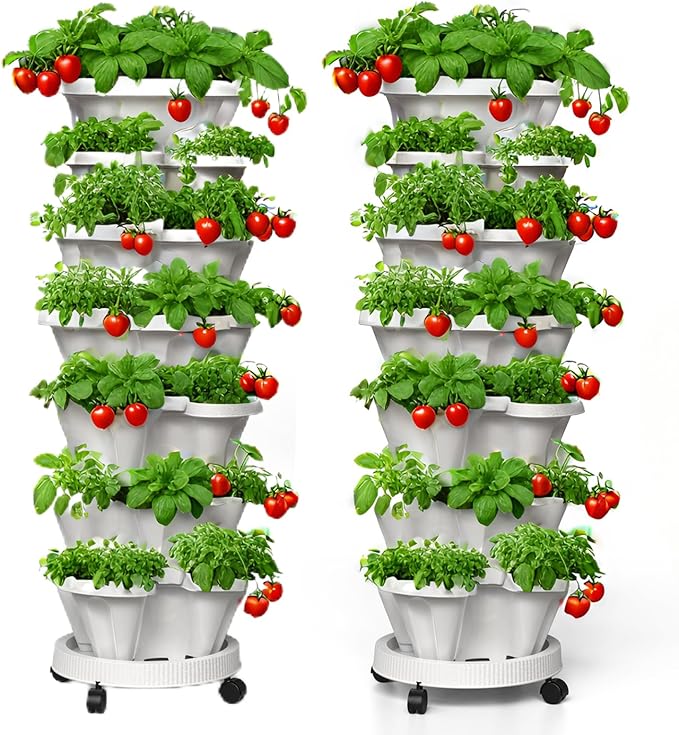 7 Tiered Strawberry Planters 2 Pack, Vertical Stackable Planter, Herb Stacking Tower Garden, Flower and Vegetable Planters with Support Pole Indoor & Outdoor with Removable Wheels - White