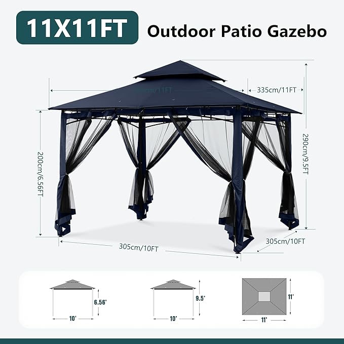 MASTERCANOPY Outdoor Garden Gazebo for Patios with Stable Steel Frame and Netting Walls (11x11,Navy Blue)
