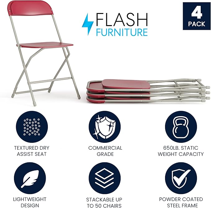 Flash Furniture Hercules Series Plastic Folding Chair - Red - 4 Pack 650LB Weight Capacity Comfortable Event Chair-Lightweight Folding Chair