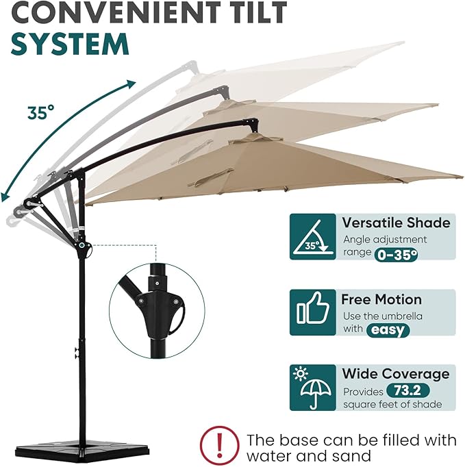 OLIXIS Offset Patio Umbrella, 9.7FT Cantilever Table Umbrellas for Outdoor Sun Shade UV Protection with Easy Tilt Adjustment, 8 Ribs for Backyard, Lawn, Garden, Pool - Khaki