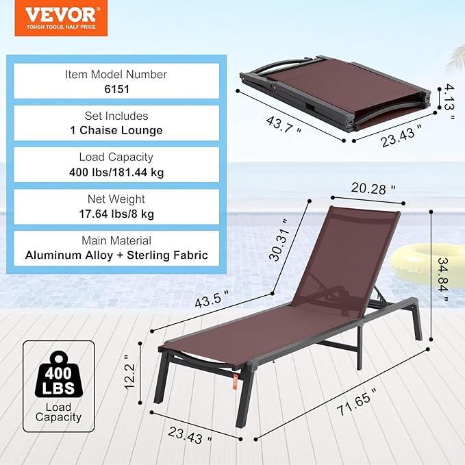 VEVOR Chaise Lounge Chair Outdoor, Aluminum Patio Lounge Chairs with Adjustable 5-Position, Folding Pool Chair Recliner and Full Flat Tanning Chairs for Patio, Beach, Pool, Brown