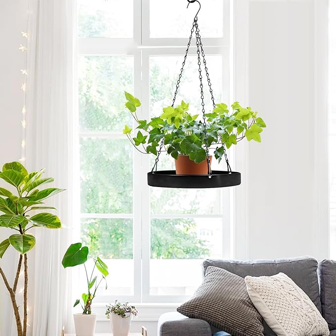 Plant Hanger Indoor Outdoor, Hanging Planter Baskets for Outdoor Indoor Plants, Hanging Plant Holder Tray for Plants, Metal Window Plant Hanger, Black Hanging Plant Shelf, 2 Pack
