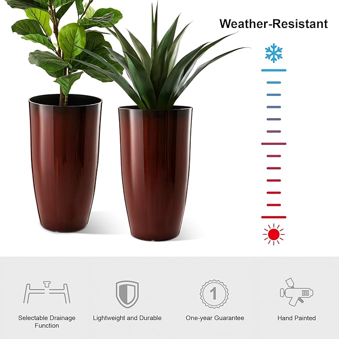 Glitzhome 23.5" H Oversized Tall Planter, Set of 2 Plastic Large Outdoor Planters with Drainage Holes, Gradient Red Faux Ceramic Finish, Large Flower Pots Round Plant Pots for Indoor Outdoor Patio