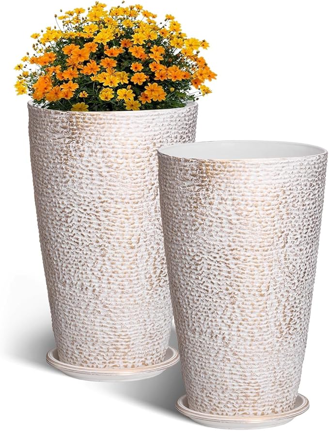 VEVOR Set of 2 Tall Outdoor Planters 21" H, Round Large Planters for Front Porch and Patio, Stone Finish Flower Tree Plant Pots