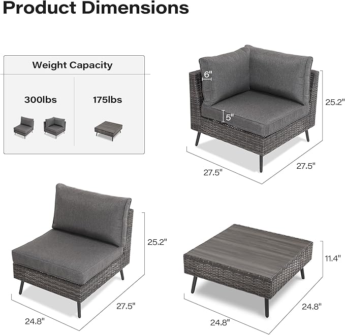 LAUSAINT HOME Outdoor Patio Furniture, 7 Piece Outdoor Sectional Sofa PE Rattan Wicker Patio Conversation Sets, All Weather Patio Furniture Set with Thick Cushions for Garden, Backyard (Grey)