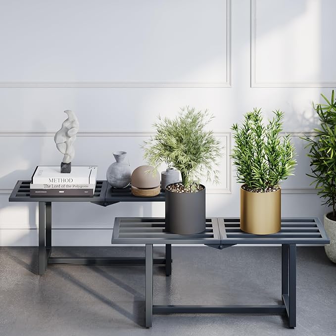 Modern Outdoor Plant Stand for Indoor Corner, Foldable Metal Plant Display Shelf for Multiple Pots,Mid Century Slatted Bench for Garden, Patio Load Bearing 330 lbs 26" L x 10.4" H x 8.6" W 2 Pack Grey