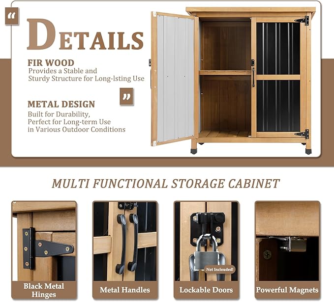 PetsCosset Weatherproof Outdoor Storage Cabinet with Lockable Doors, Wood & Metal Garden Storage Shed Patio Storage Box for Tools & Lawn Equipment, Pool Accessories