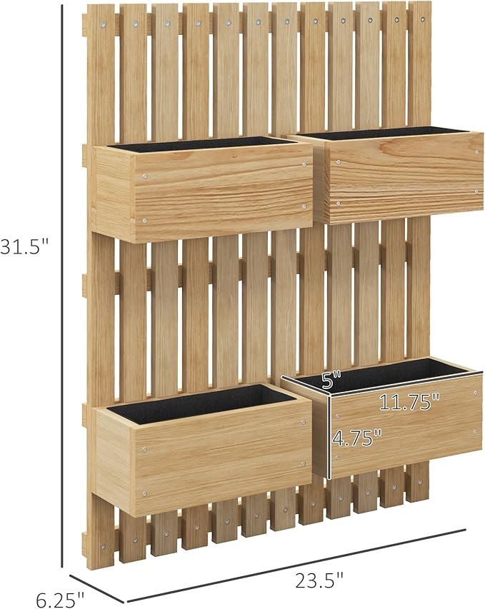 Outsunny 4 Box Raised Garden Bed with Trellis for Vine Flowers & Climbing Plants, 31.5" Tall Wall-Mounted Wood Planter Box Set with Adjustable Height, Drainage Hole, Natural
