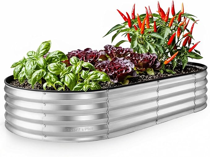 Plant & Plot Galvanized Raised Garden Beds Outdoor // 6×3×1 ft Planter Raised Beds for Gardening, Vegetables, Flowers // Large Metal Garden Box // Patented Tool-Free Design (Silver)