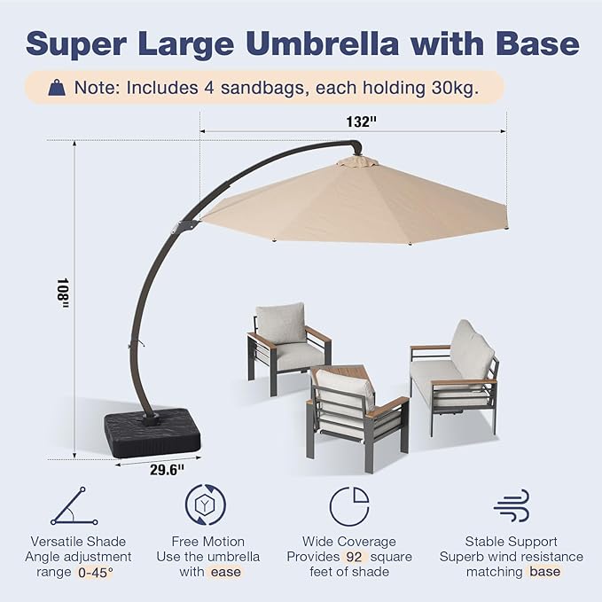 Aoxun Aluminum Patio Furniture Set with Umbrella 4 Seats, Oversized Outdoor Sectional with Washable Thick Cushions, Coffee Table and Waterproof Cover, Patio Conversation Sets for Porch, Balcony, Deck