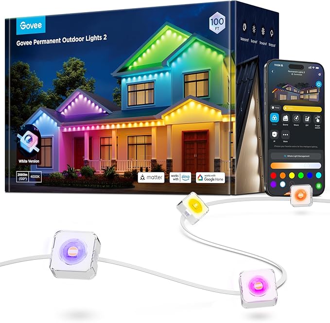 Govee Permanent Outdoor Lights 2, 100ft RGBIC Outdoor Lights with 16 Million Colors and 100 Scene Modes, IP67 Waterproof, Holiday & Party Decorations, Works with Alexa, Google Assistant, White