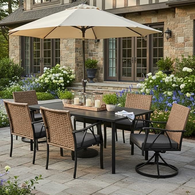 7-Piece Patio Dining Set for 6, Outdoor Dining Set with Wicker Swivel Patio Dining Chairs with Cushions & Black Rectangular Woodgrain Dining Table with 1.75”Umbrella Hole, Black & Brown