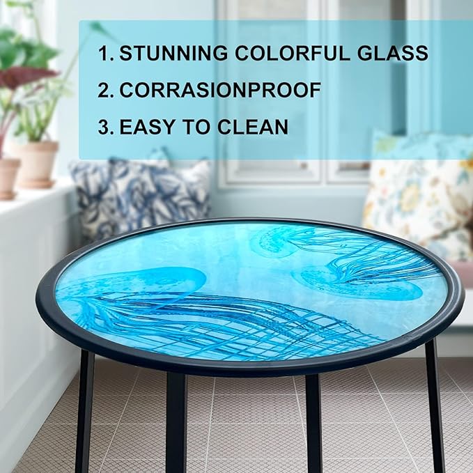 LIFFY Outdoor Side Table,14" Indoor Outdoor Round Glass Tabletop Accent Table with Metal Frame, Decorative Plant Stand & End Table for Home, Patio, Garden