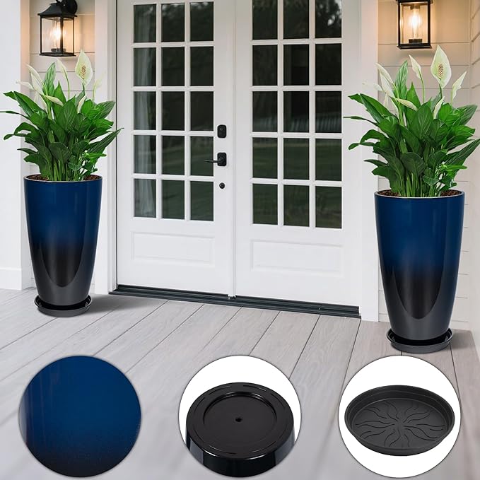 Set of 2 Lightweight Ceramic-Look Tall Planter, 21 inch Large Plastic Planter with Drain Hole & Saucers, Large Outdoor Planters for Porch, Garden, Patio, Balcony(Dark Blue)