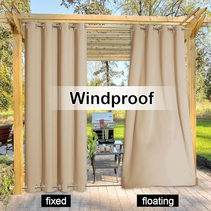 NICETOWN Outdoor Patio Curtain Windproof & Waterproof, Thermal Insulated Light Blocking Top & Bottom Grommets Drape, Windproof and Better Privacy for Porch, Biscotti Beige, W84 x L84, 1 Panel