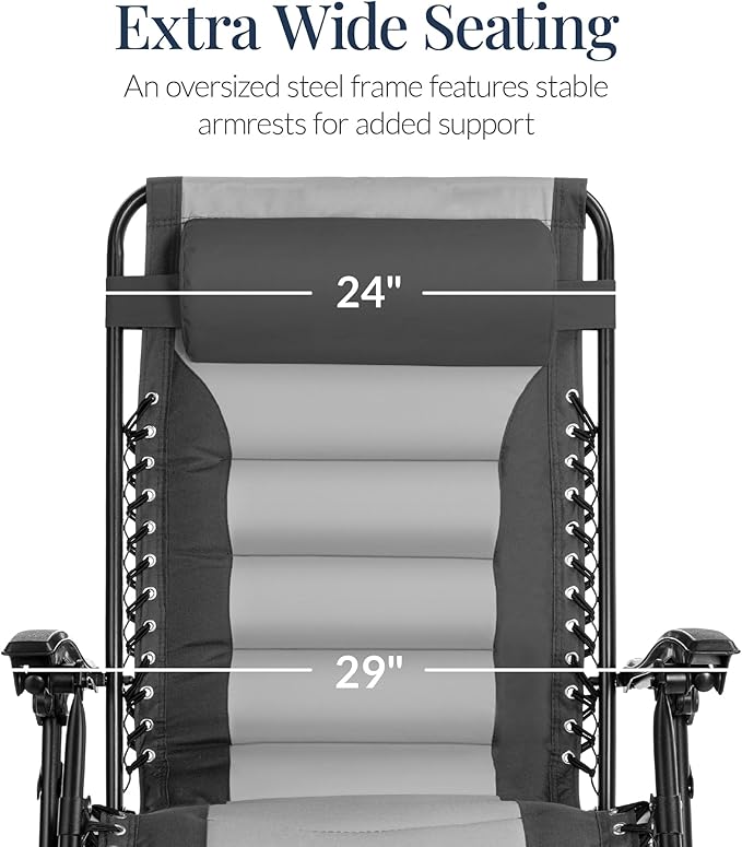 Best Choice Products Oversized Padded Zero Gravity Chair, Folding Outdoor Patio Recliner, XL Anti Gravity Lounger for Backyard w/Headrest, Cup Holder, Side Tray, Polyester Mesh - Gray/Light Gray