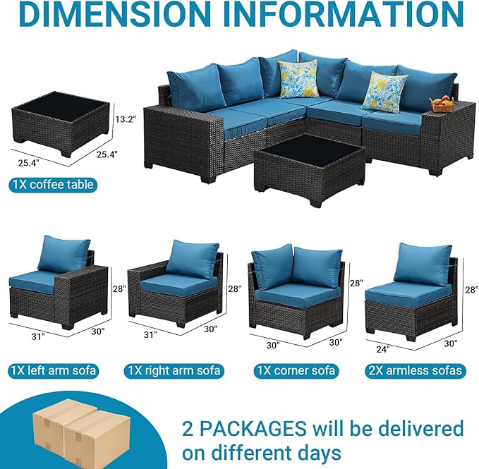 Jing's Villa 6-Piece Patio Furniture Set, All-Weather Outdoor Wicker Sectional Sofa with Cushions,Glass Table & Left and Right Armrest, Rattan Conversation Seating for Porch, Backyard,Peacock Blue
