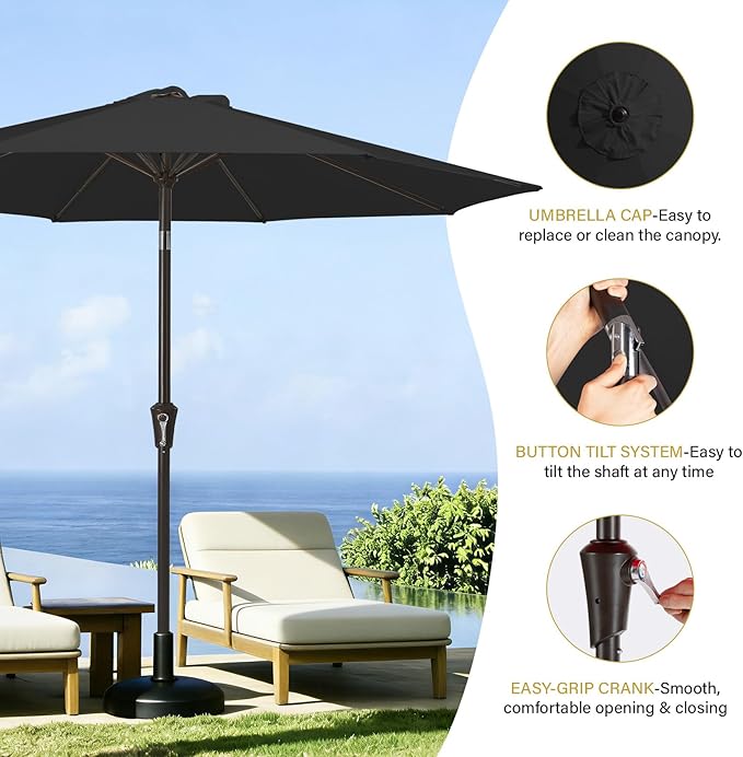 MEWAY 9ft Patio Umbrella Outdoor Table Umbrellas with Push Button Tilt and Crank, Market Umbrella 8 Sturdy Ribs for Deck, Garden, Pool and Backyard, Black