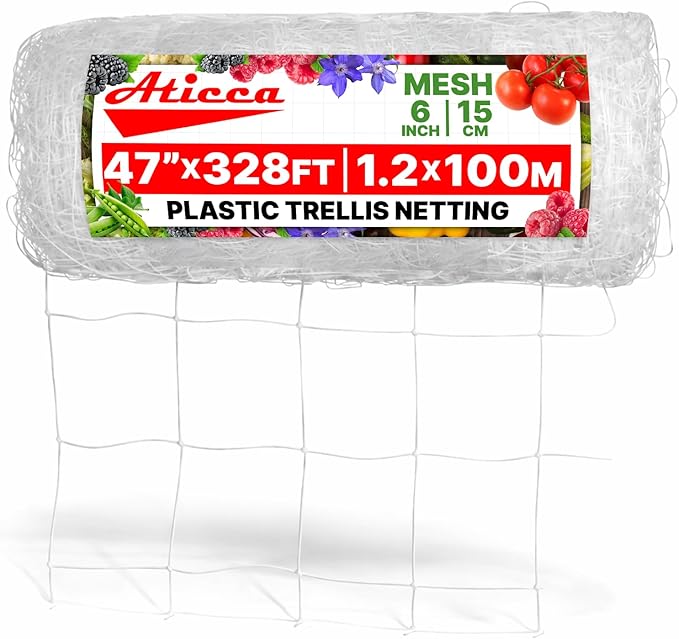 Plastic Trellis Netting 47" x 328 ft Heavy Duty Plant Support Netting White - 6 Inch Garden Trellis on Roll - Mesh for Growing Vine Climbing Plants, Flowers, Peas, and Cucumber