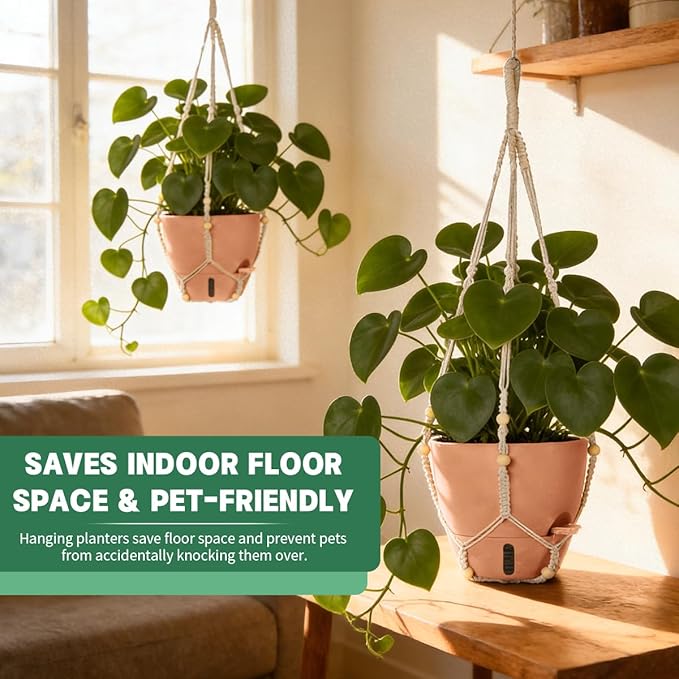 Self-Watering Hanging Planters for Indoor Plants Set 2-Piece Includes Plant Hanging Pot, Drainage-Hole Hanging Pot, and Hanging Basket Rack (Terracotta,10 Inches)