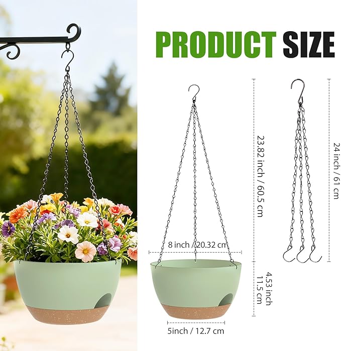 8 Inch Hanging Planters for Indoor Outdoor Plants, 4 Pack Green Brown Plastic Self Watering Hanging Baskets with Drainage Holes and Chain for Garden Porch