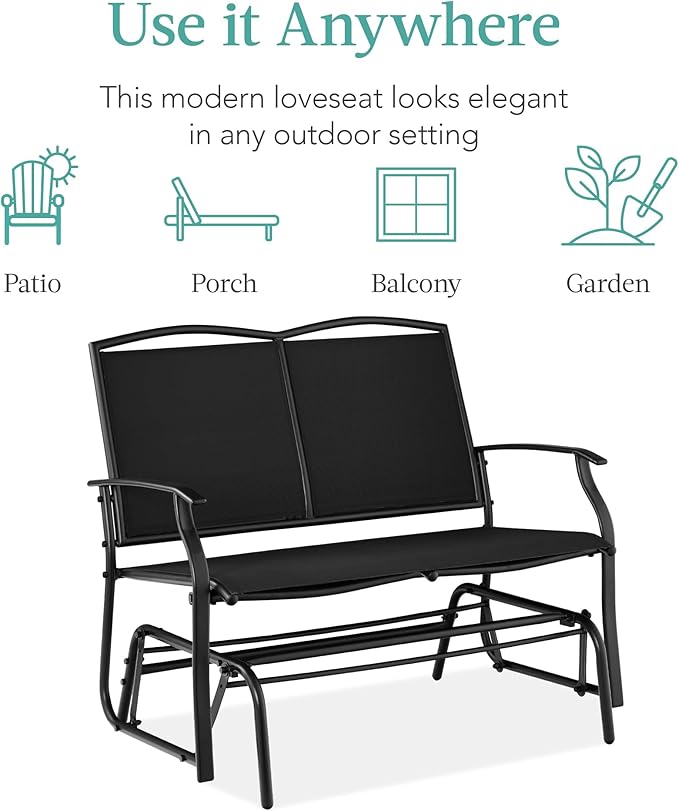 Best Choice Products 2-Person Outdoor Patio Swing Glider Steel Bench Loveseat Rocker for Deck, Porch w/Textilene Fabric, Steel Frame - Black