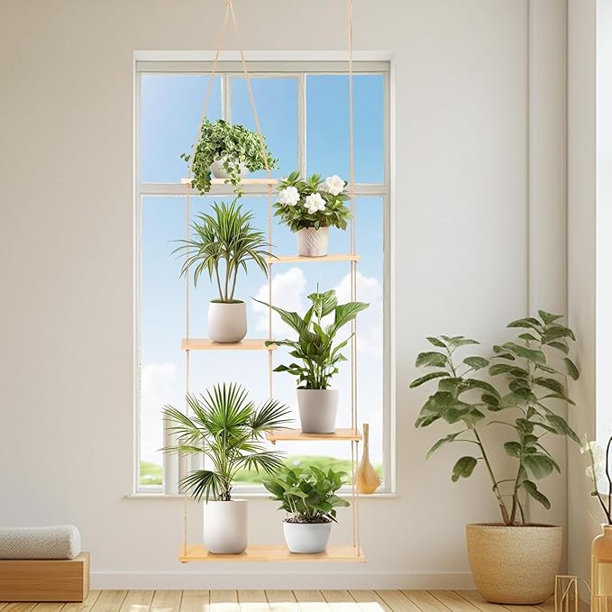 Hemp Rope Hanging Window Plant Shelf from Ceiling for Narrow Space Boho Hanging Plant Shelves, Natural Pine Wooden Plant Hanger Display for Indoor