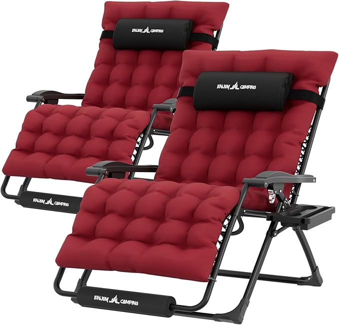 UDPATIO Oversized Zero Gravity Chair Set of 2, 29In XXL Patio Reclining Chair with Cushion, Outdoor Folding Recliner with Pillows|Cup Holder|Foot Rest|Padded Headrest, Burgundy, Support 500LB