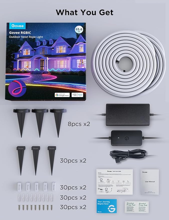Govee Outdoor Neon Rope Lights, 65.6ft RGBIC IP67 Waterproof Outdoor Decorations with 64 Scene Modes, Music Sync, Flexible LED Lights, Neon Lights Work with Alexa, Google Assistant