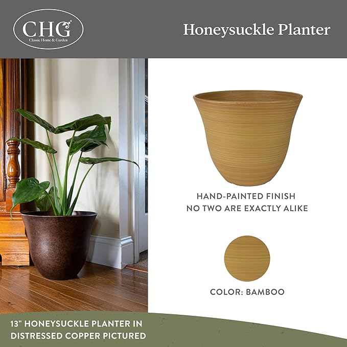 Classic Home and Garden Honeysuckle Resin Planters - Lightweight Indoor & Outdoor Plant Pots - UV-Resistant Plastic Flower Pots - Pot Planters for Flowers & Herbs (13” Bamboo)