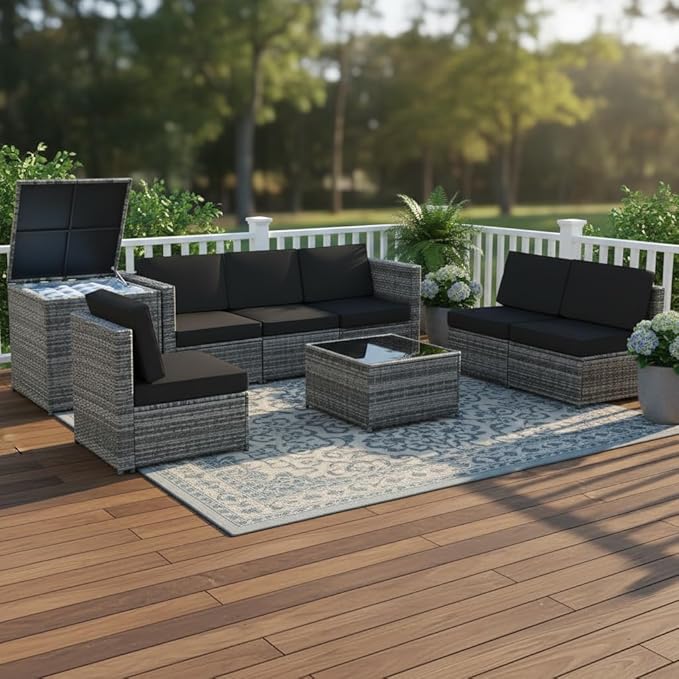Tangkula 8 Pieces Wicker Patio Furniture Set with Storage Deck Box, PE Rattan Outdoor Sectional Sofa Conversation Set with Coffee Table & Cushions, Outside Furniture for Garden Yard Poolside (Black)