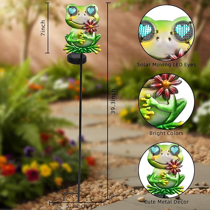 Solar Frog Garden Stake 39.3inch with Realistic Eye Movement Displaying I Love U, Frog Solar Lights Outdoor Garden for Pathway Yard Patio Lawn Ornaments