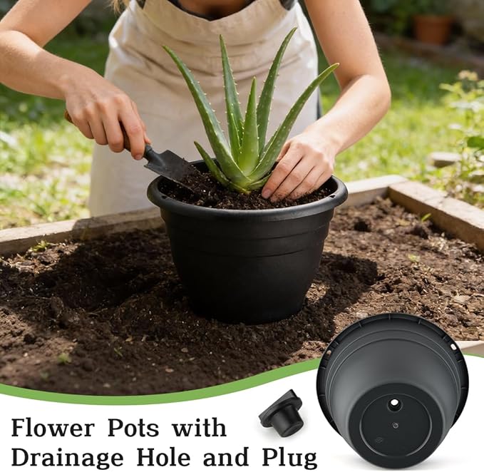 15 Pack 11 Inch Plant Pots with Drainage Holes,Black Plastic Flower Pots with Hanging Holes,Durable Planters for Indoor & Outdoor Plants,Nursery Pots